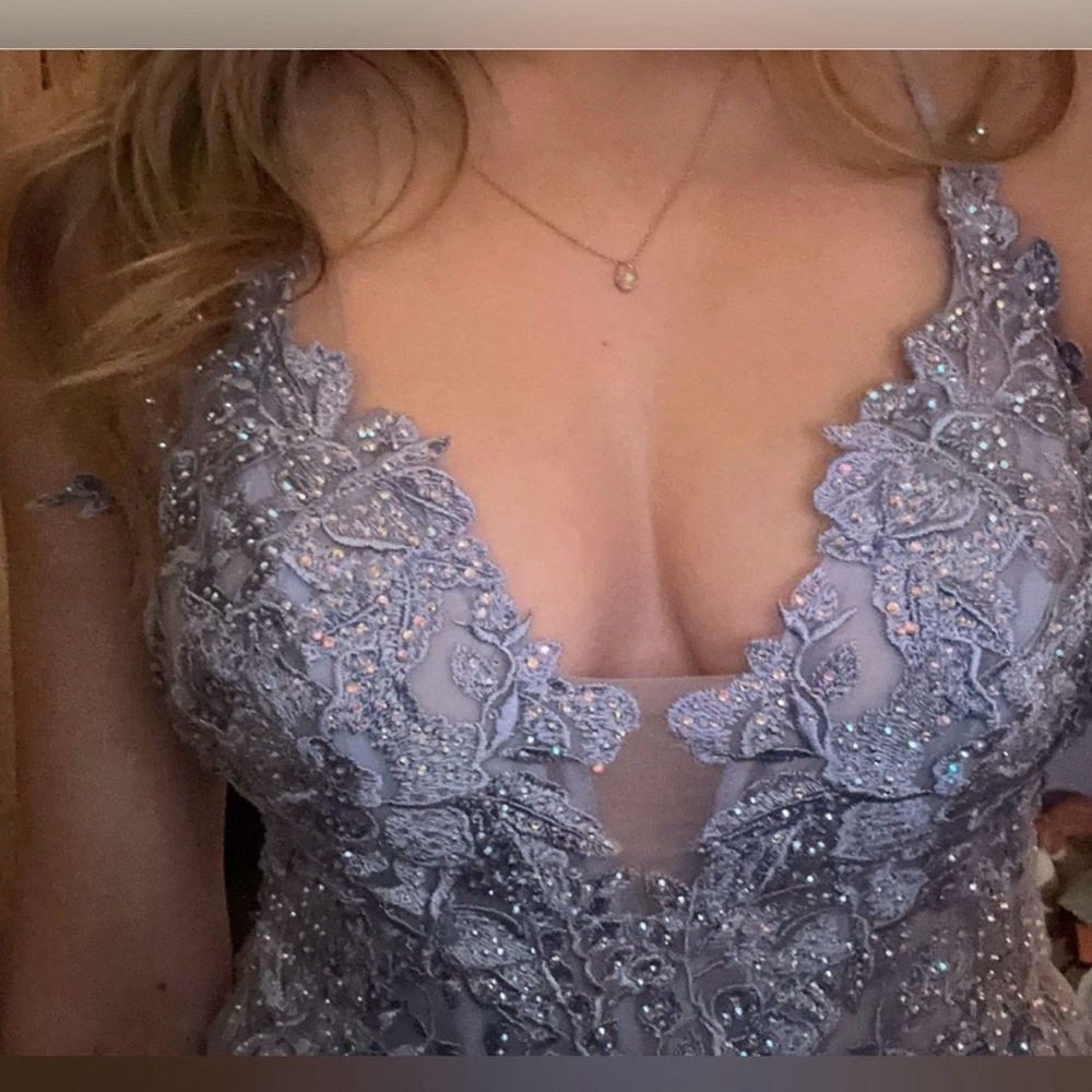 Light Blue Rhinestone A Line Prom Dress - Picture 3 of 7
